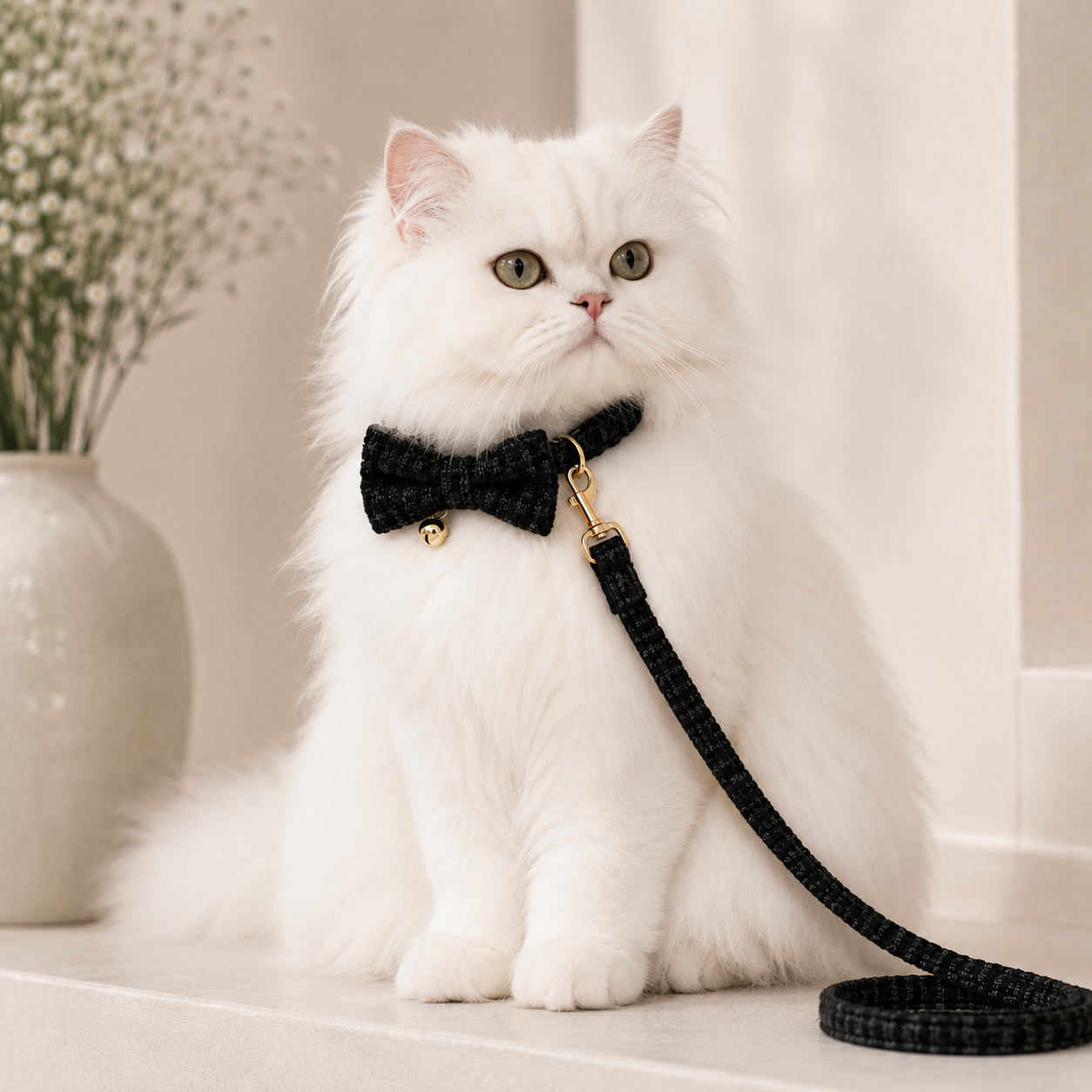 A fluffy white cat wearing a black tweed bow tie with a small gold bell and a matching black leash with a gold clasp, sitting indoors on a light surface.