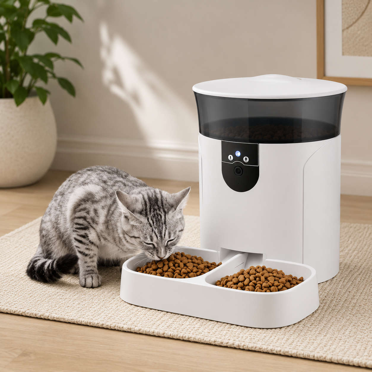 i.Pet Smart Pet Feeder with Camera with a cat eating from one side in a neutrally styled living room