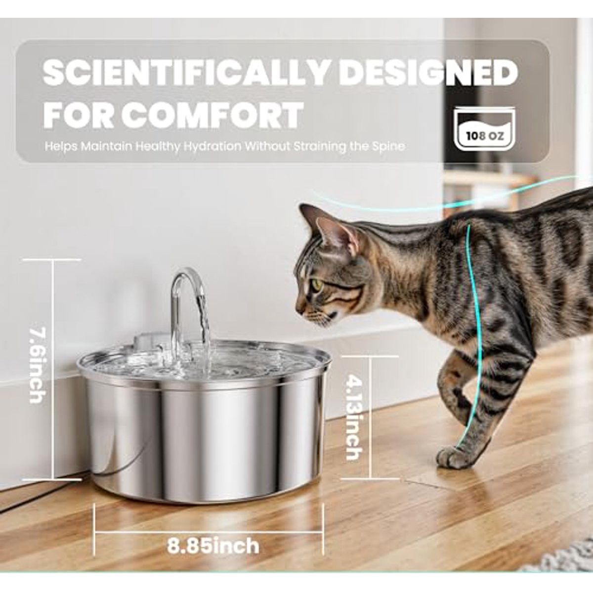 Cat drinking water from a stainless steel pet fountain with dimensions displayed.