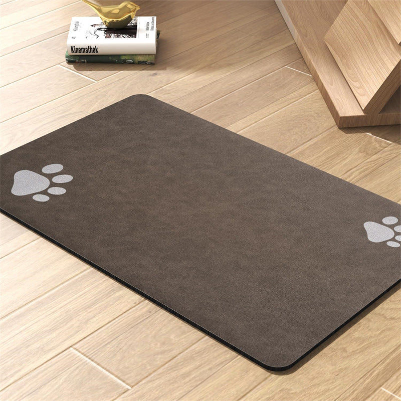 Super Absorbent Non-Slip Pet Feeding Mat with Paw Print Design for Dog and Cat Bowls, Easy-Clean Floor Protector, Brown, 61 x 43 cm