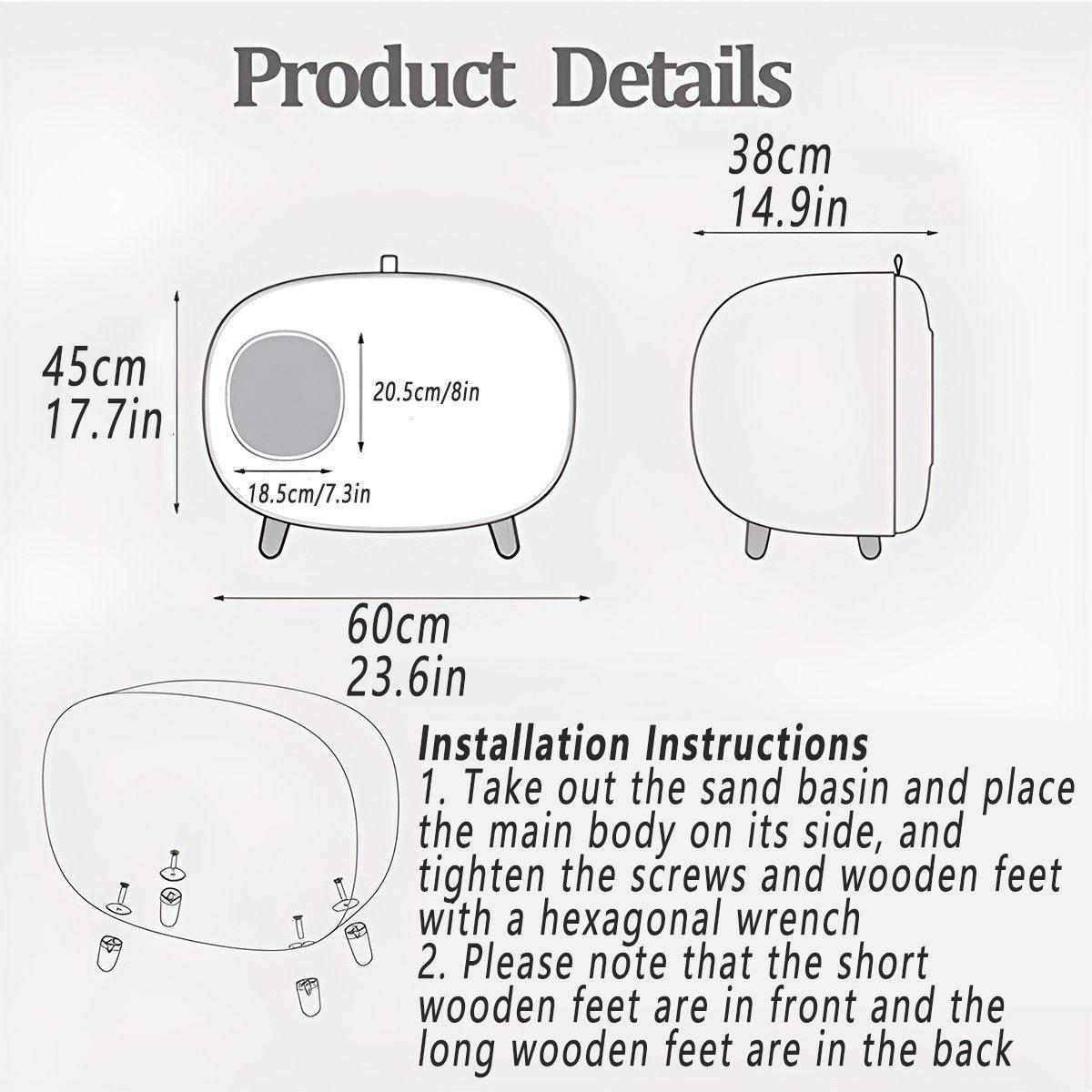 Product dimensions and installation instructions on a white background