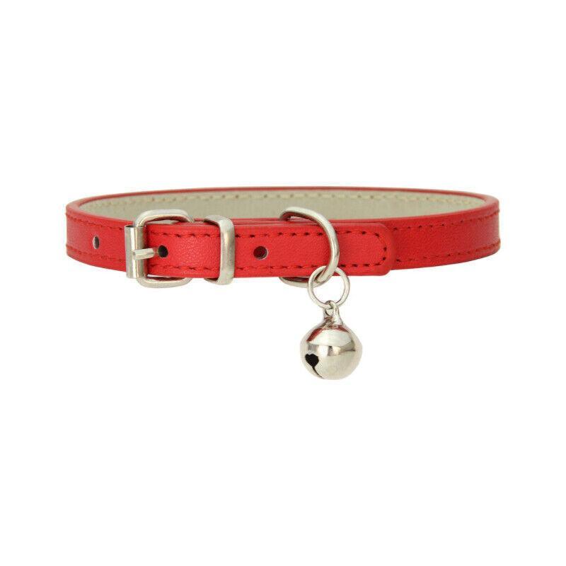 Red leather cat collar with a silver bell on a white background