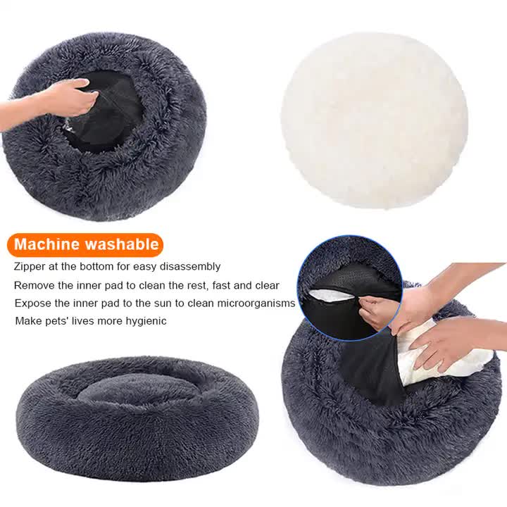 Pet bed with washing instructions on a white background