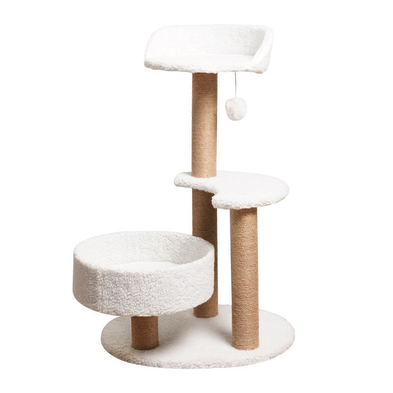 Cat tree with white cushioned platforms and brown scratching posts on a white background