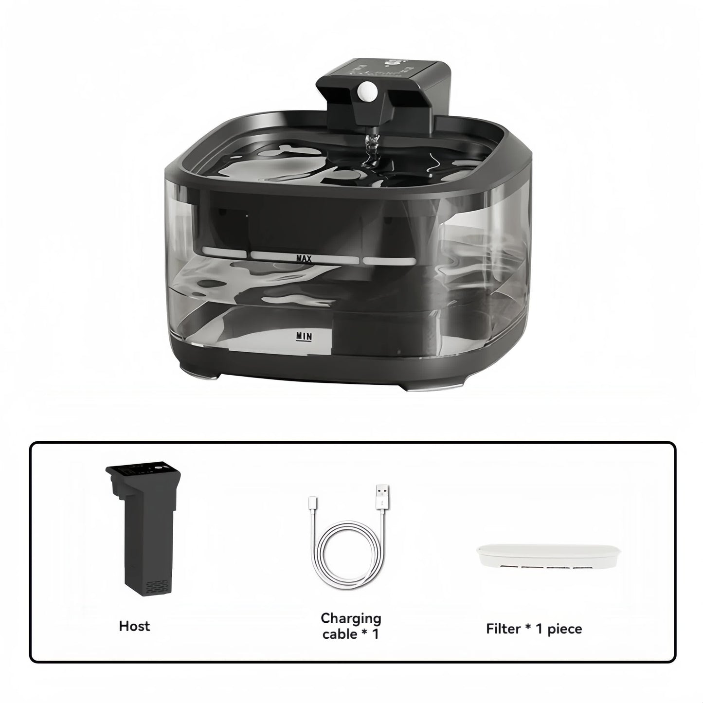 Black and transparent pet water dispenser with included components on a white background