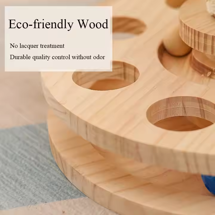 Wooden pet toy with text highlighting eco-friendly wood properties - no lacquer treatment, durable quality control without odour