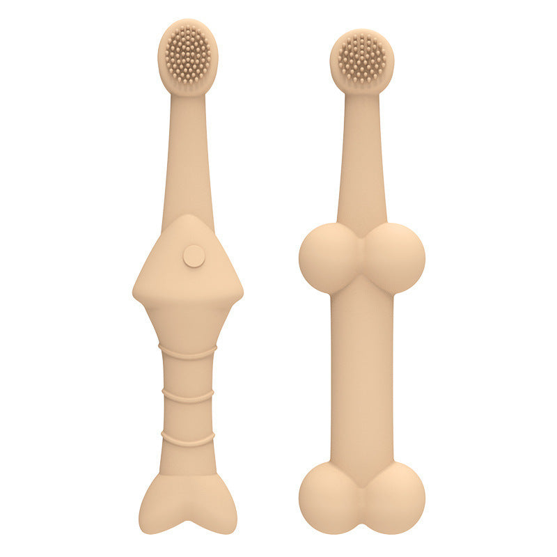 Two beige cat toothbrushes on a white background