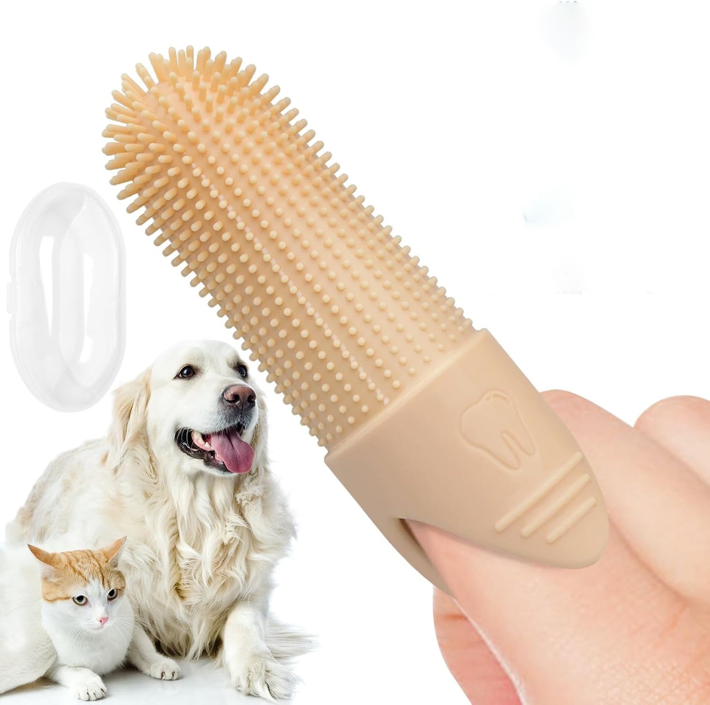 Beige pet toothbrush on a finger with a dog and cat in the background.