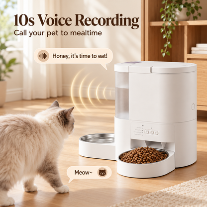 Cat walking towards a 2 in 1 pet feeder that has a voice recording saying Honey, t's time to eat. 10S voice recording