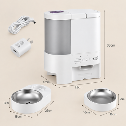 2 in 1 cat feeder pulled apart in individual pieces with dimensions. 