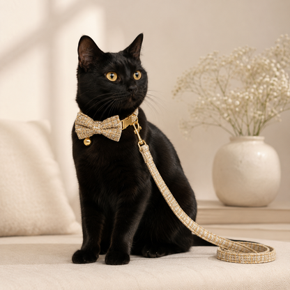 A black cat wearing a sparkly khaki bow tie collar with a matching leash, posed in a warm, softly lit indoor setting with a white vase of baby's breath in the background.