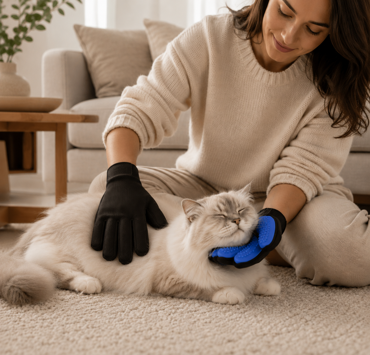 A woman in a cozy cream sweater kneels on a carpeted floor, grooming a fluffy white cat with one black glove and the other wearing a blue spiked grooming glove.