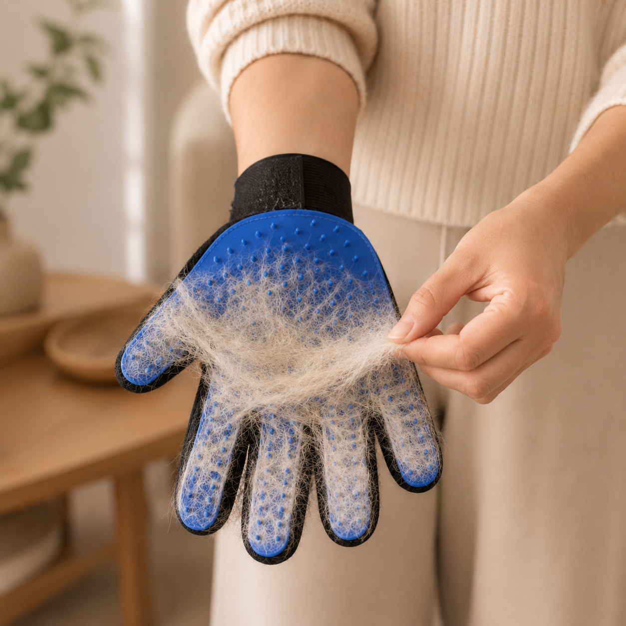 A person holding up a blue and black pet grooming glove covered in white fur, with their other hand gently removing the fur on the glove, set against a soft beige indoor background
