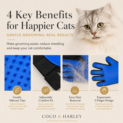 Promotional graphic for a cat grooming glove, showing a gray tabby cat and text reading '4 Key Benefits for Happier Cats' with four feature panels: gentle silicone tips, adjustable comfort fit, easy hair removal, and ergonomic 5-finger design.