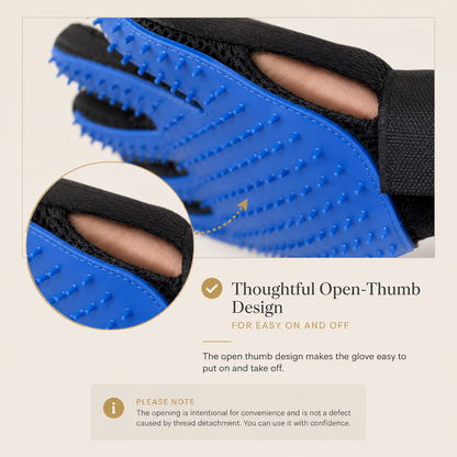 Blue and black grooming glove with silicone scrubber bumps, shown with a close-up inset of the open thumb design and text explaining easy on/off use.