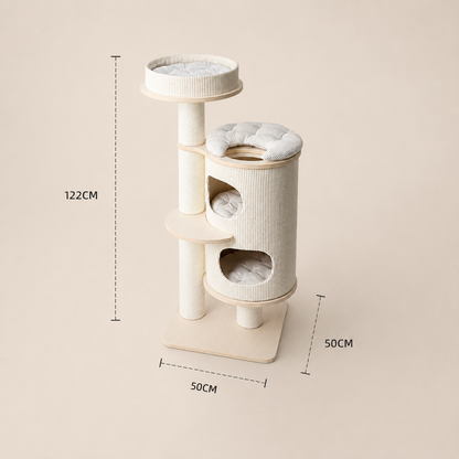 A cat tree with multiple levels, shown with dimension annotations: 122CM height, 50CM width, and 50CM base depth on a plain beige background.