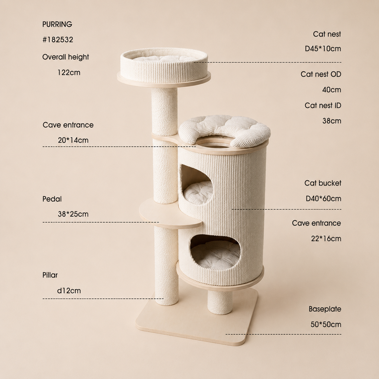A cream-colored cat tree with multiple levels, labelled dimensions and measurements such as overall height, cat nest size, cave entrance, pedestal, and pillar on a warm beige background.