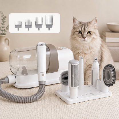 Pet grooming vacuum with clipper and brush with a cat sitting next to it on a beige rug