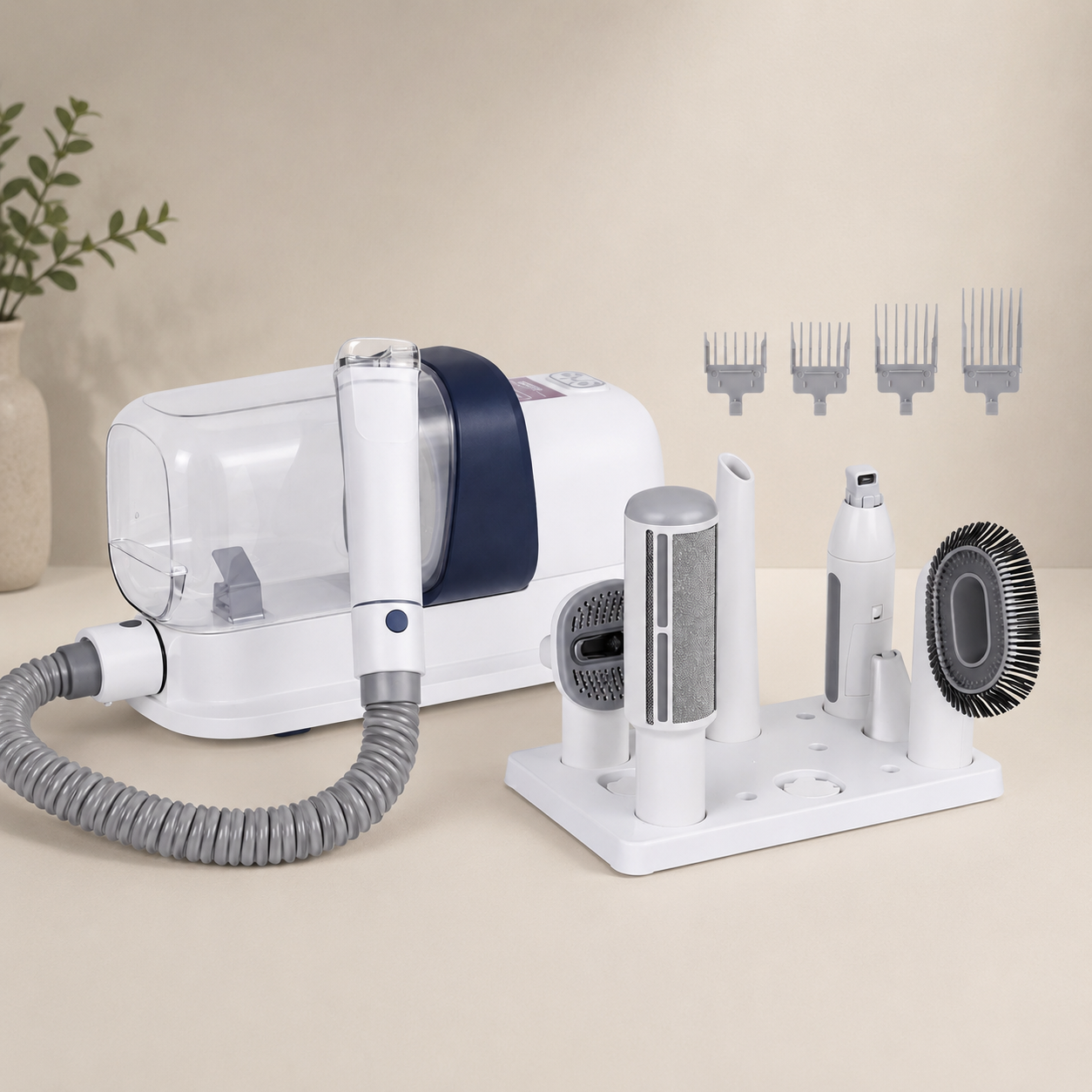 Pet grooming vacuum with clipper and brush on a beige background