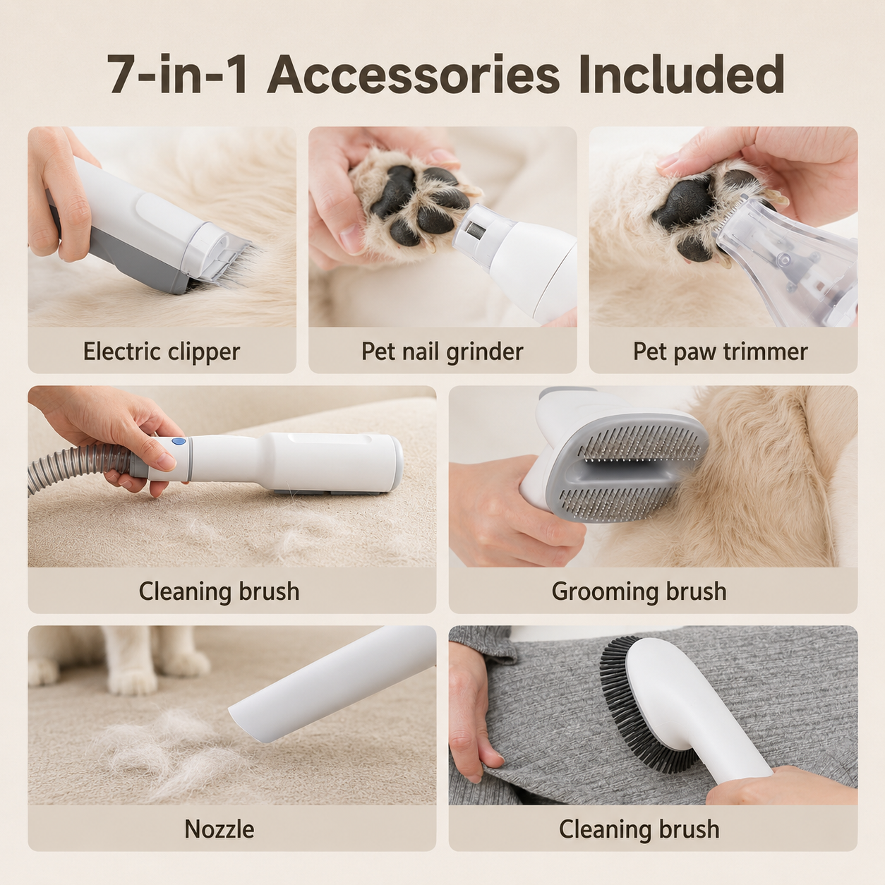 Pet grooming tools with a description of each underneath