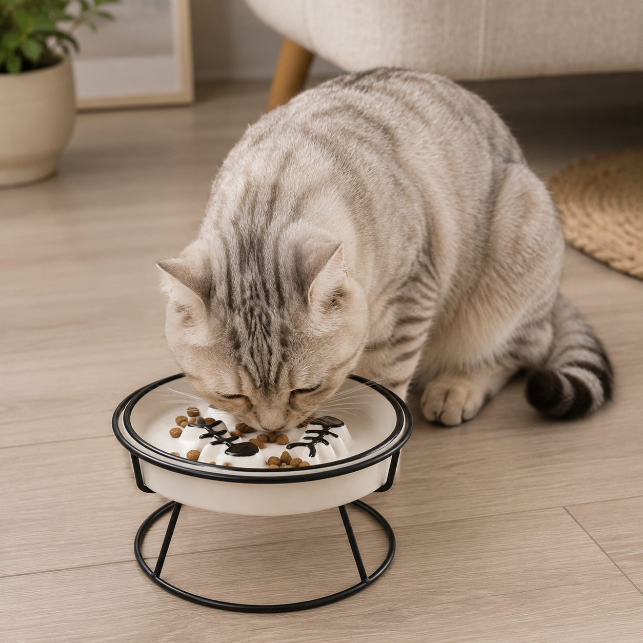 Cat feeding from an elevated cat bowl with a black iron stand