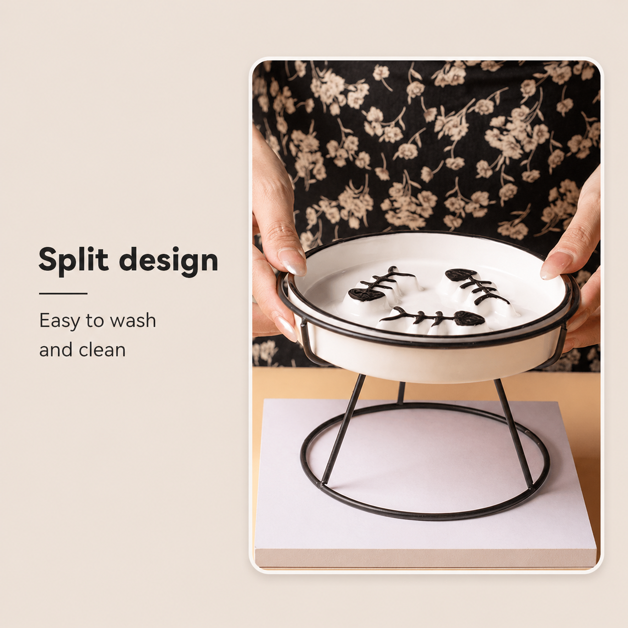 Ceramic cat bowl in iron stand with explanation of a split design for easy cleaning