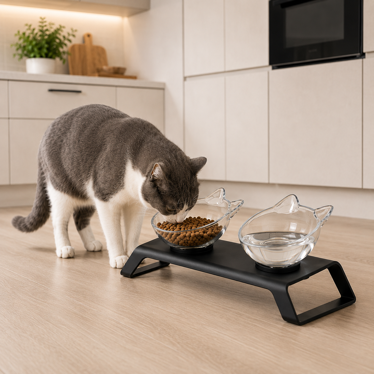 Cat eating from a plastic cat shaped bowl in a double cat eeder on a black stand