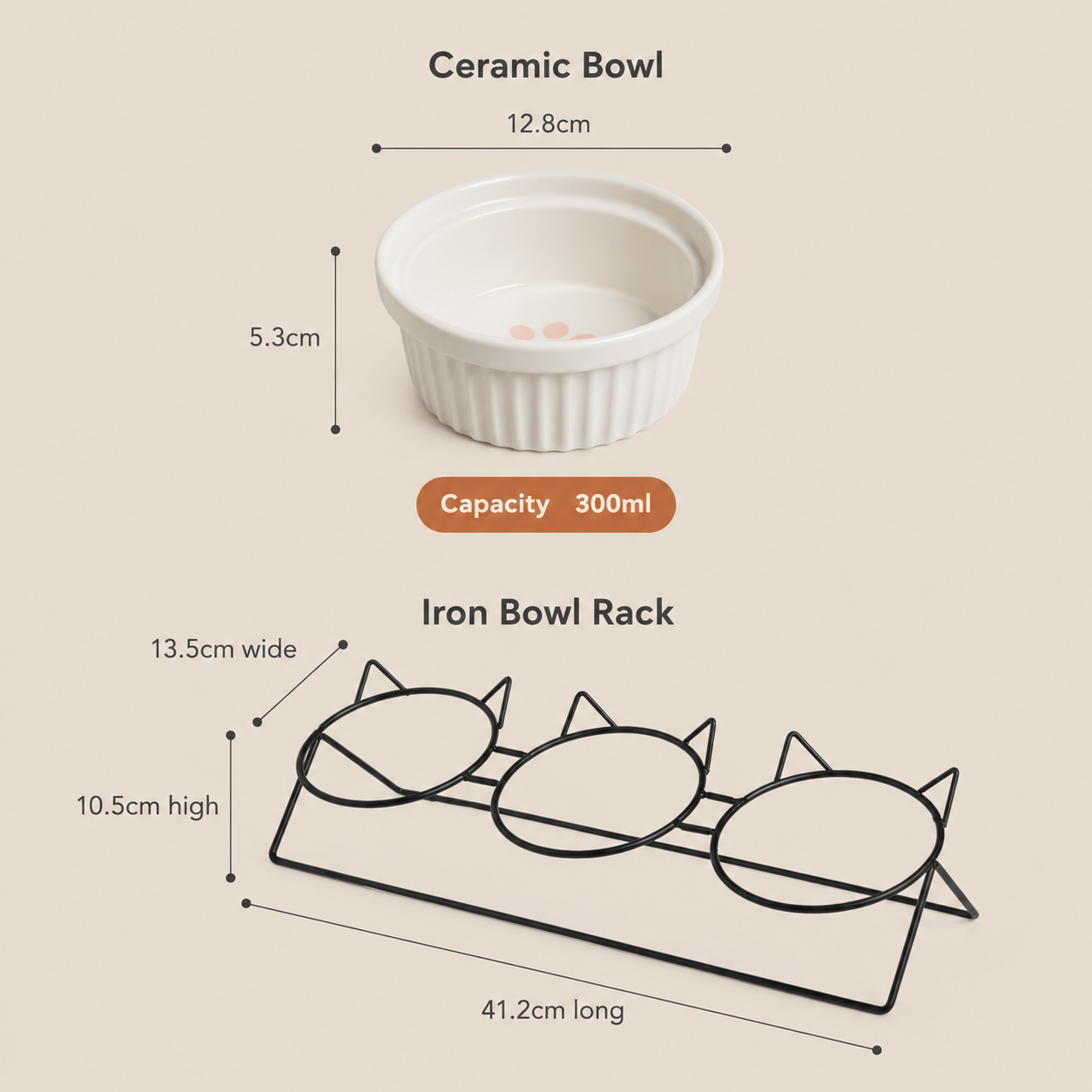 Triple Slanted Ceramic Pet Feeding Station stand showing measurements, and a white ceramic bowl showing measurements