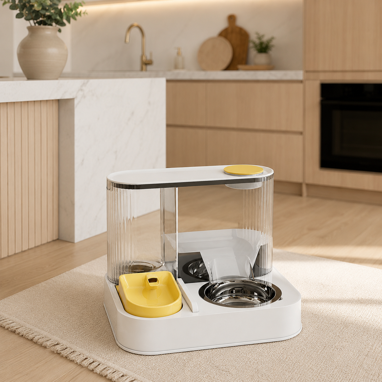 Automatic Pet Feeder and Water Station (Stainless Steel) in a neutral kitchen