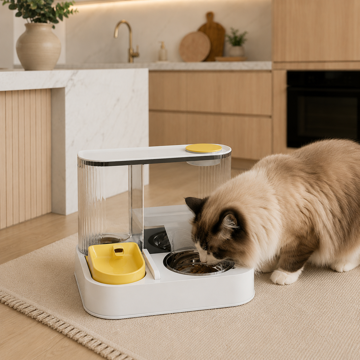 Automatic Pet Feeder and Water Station (Stainless Steel) with a cat eating from it