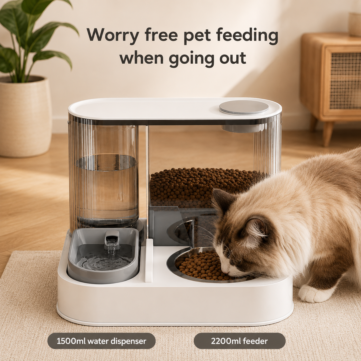 Automatic Pet Feeder and Water Station (Stainless Steel) in a neutral room with a cat eating from it