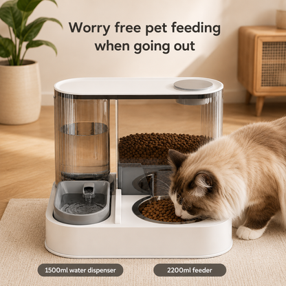 Automatic Pet Feeder and Water Station (Stainless Steel) in a neutral room with a cat eating from it