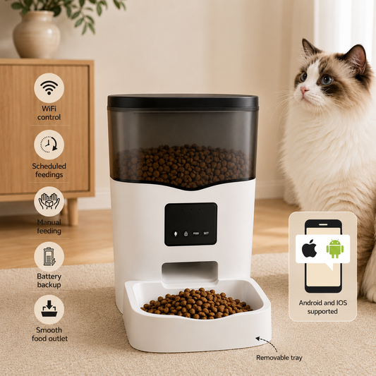 i.Pet Smart Pet Feeder showing App Control and other features with a cat in the background