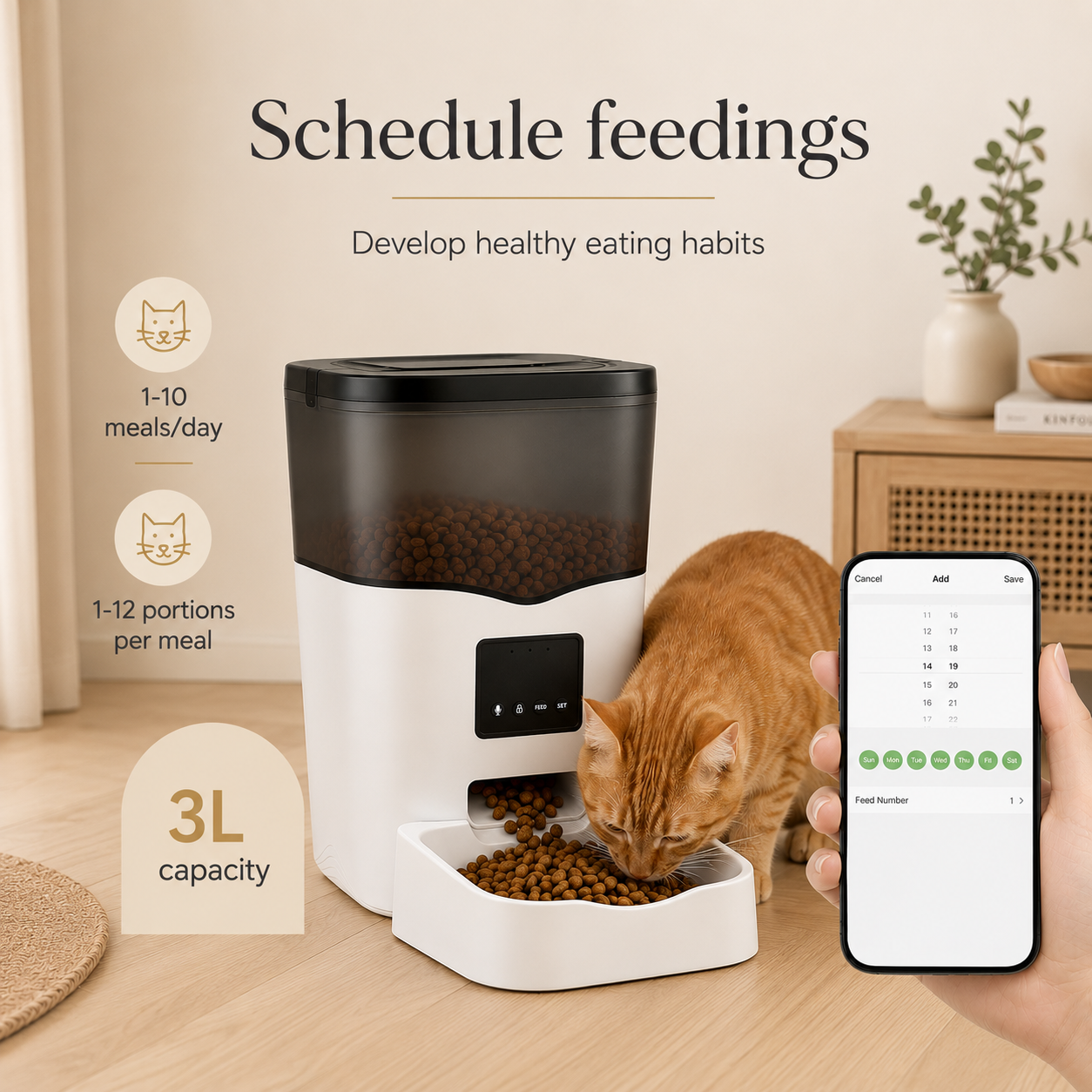 i.Pet Smart Pet Feeder with a cat eating from it, showing how meals can be scheduled