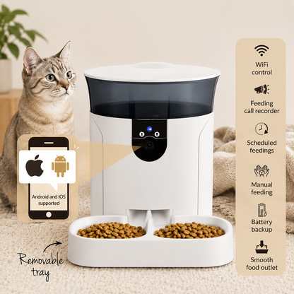 i.Pet Smart Pet Feeder with Camera with a cat off to the side and showing benefits of the product on the right