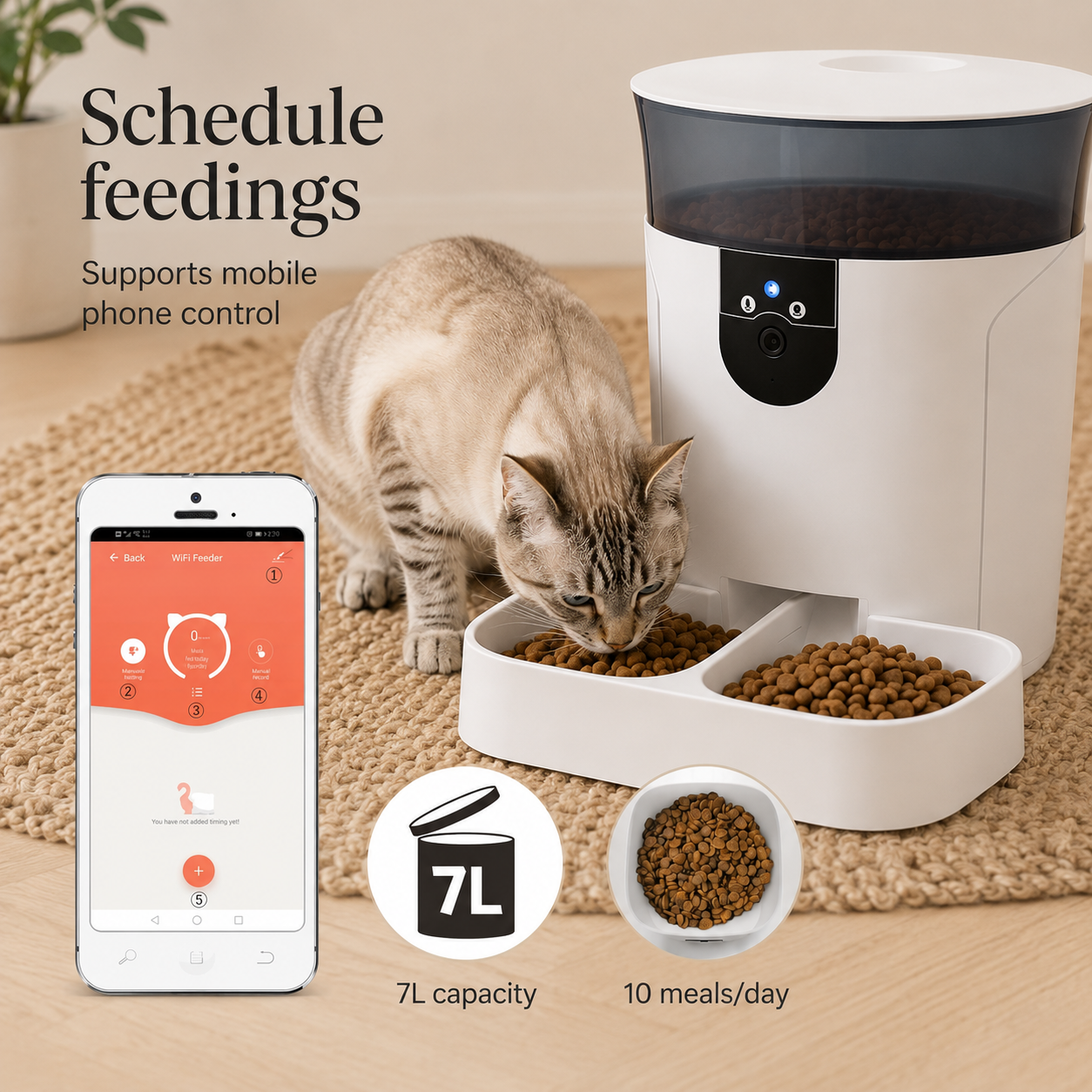 i.Pet Smart Pet Feeder with Camera with a cat eating out of it. Showing an app and scheduling feeding
