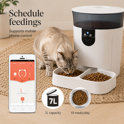 i.Pet Smart Pet Feeder with Camera with a cat eating out of it. Showing an app and scheduling feeding
