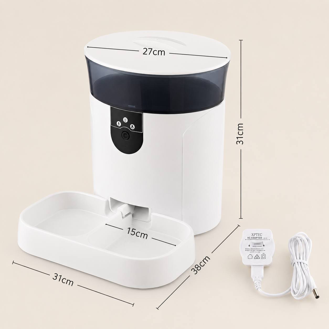 i.Pet Smart Pet Feeder with Camera showing measurements and a power adapter