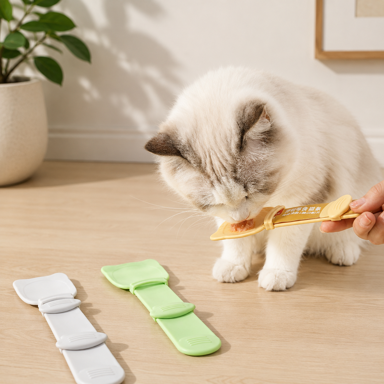 Cat licking foor from a sqeeze spoon in a neutral living room