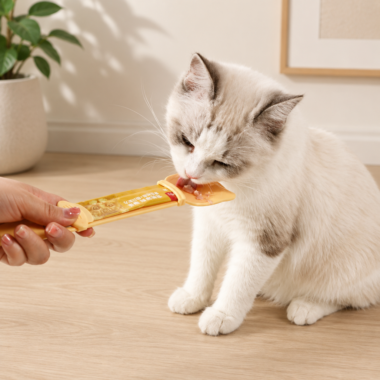 Cat licking foor from a sqeeze spoon in a neutral living room
