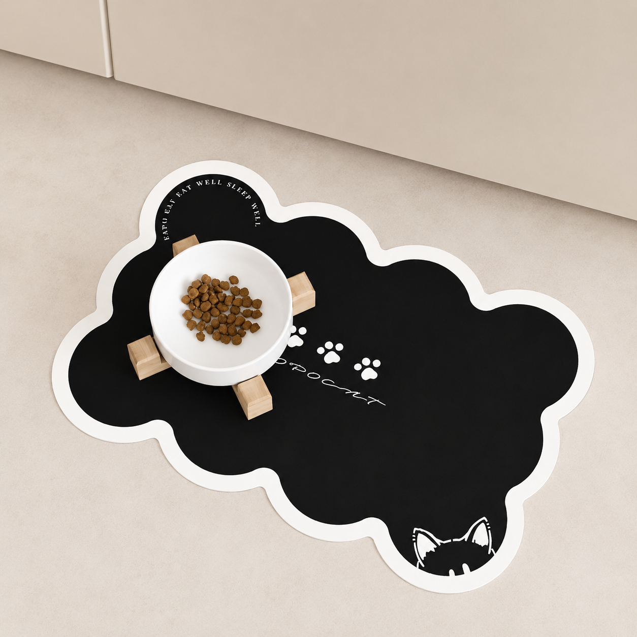 Pet Feeding Mat in black and white with a food bowl sitting on it