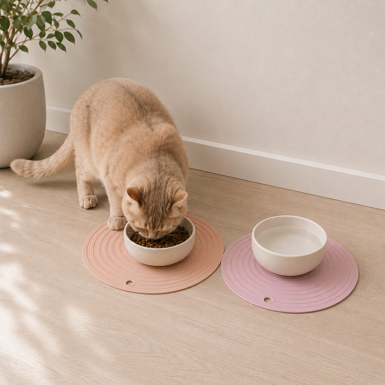 Cat eating from a bowl sitting on silicone Pet Feeding Mats