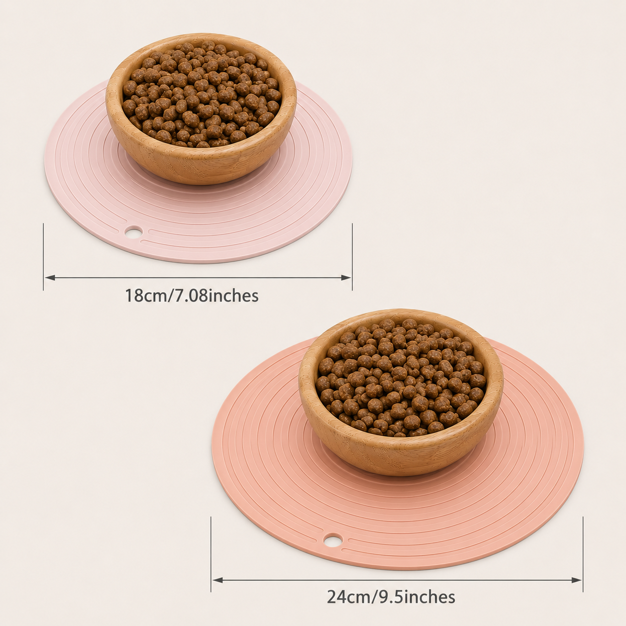 2 cat feeding mats showing measurements, both mats have bowls with cat food in them