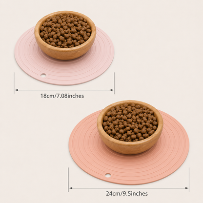 2 cat feeding mats showing measurements, both mats have bowls with cat food in them