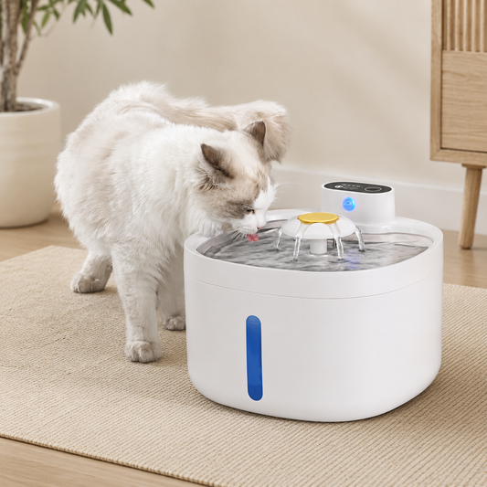 Automatic Pet Water Fountain ith a cat drinking from it in a neutrally styled living room