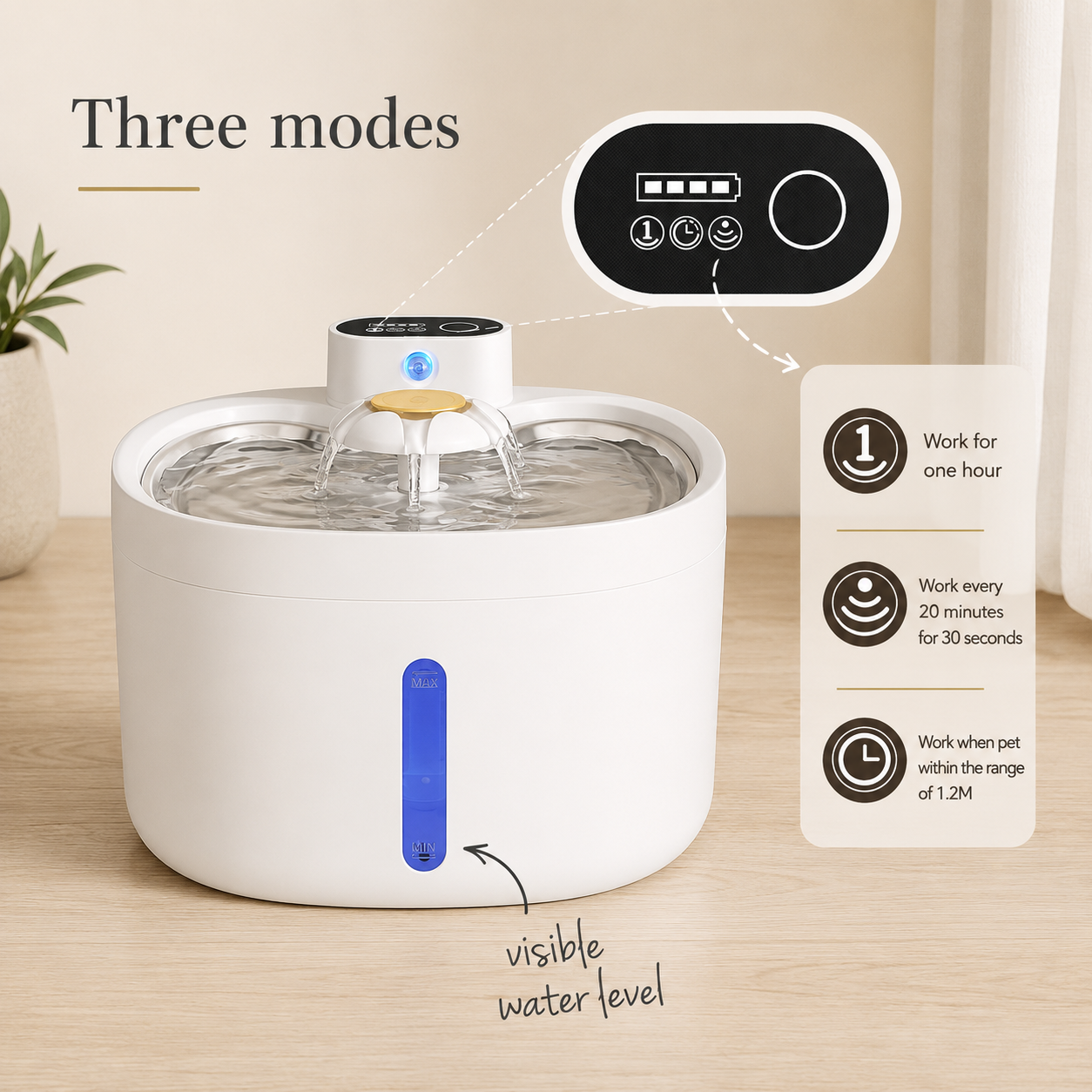Automatic pet water fountain describing three operating modes