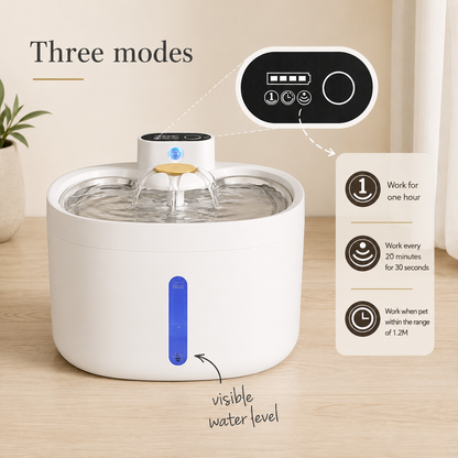 Automatic pet water fountain describing three operating modes