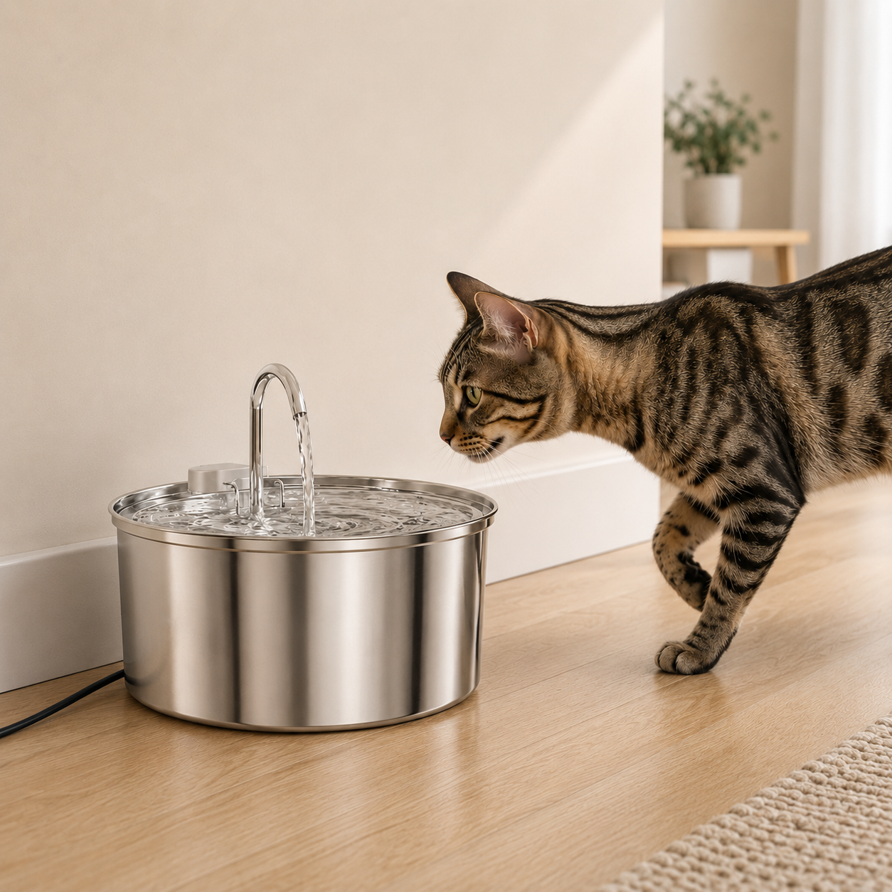 Cat walking towards a stainless steel pet water fountain