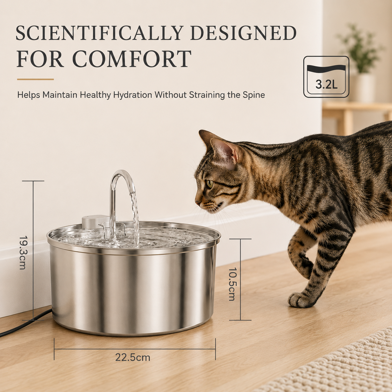 Cat walking towards a stainless steel pet water fountain with measurements and wording saying it's scientifically designed for comfort without straining the sine
