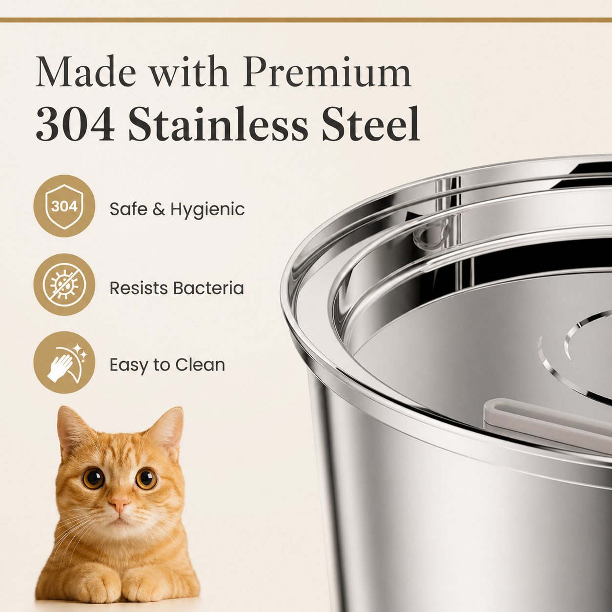 Stainless steel pet water fountain describing benefits